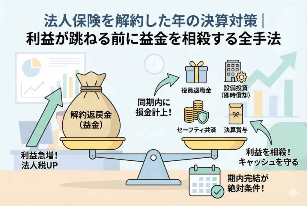 法人保険の解約返戻金による利益急増を抑えるための決算対策を示したインフォグラフィック。天秤の左側に「解約返戻金（益金）」を置き、右側に「役員退職金」「設備投資（即時償却）」「セーフティ共済」「決算賞与」を並べて利益を相殺する様子を可視化しています。「同期内に損金計上！」「期内完結が絶対条件！」という注意書きとともに、キャッシュを守るための仕組みを図解しています。
