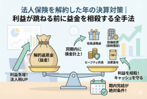 法人保険の解約返戻金による利益急増を抑えるための決算対策を示したインフォグラフィック。天秤の左側に「解約返戻金（益金）」を置き、右側に「役員退職金」「設備投資（即時償却）」「セーフティ共済」「決算賞与」を並べて利益を相殺する様子を可視化しています。「同期内に損金計上！」「期内完結が絶対条件！」という注意書きとともに、キャッシュを守るための仕組みを図解しています。