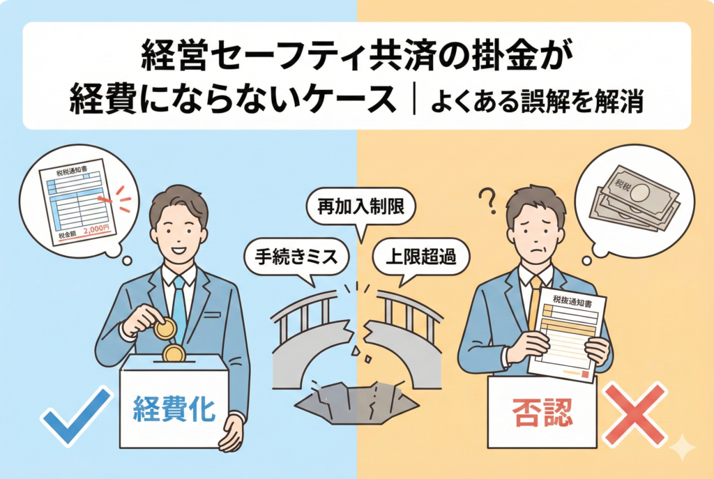 経営セーフティ共済の掛金が経費になる成功例と、ならない失敗例を対比させたイラスト。「経費化」に成功して喜ぶ経営者と、「否認」されて困惑する経営者の間に、「再加入制限」「手続きミス」「上限超過」という落とし穴（壊れた橋）が描かれています。