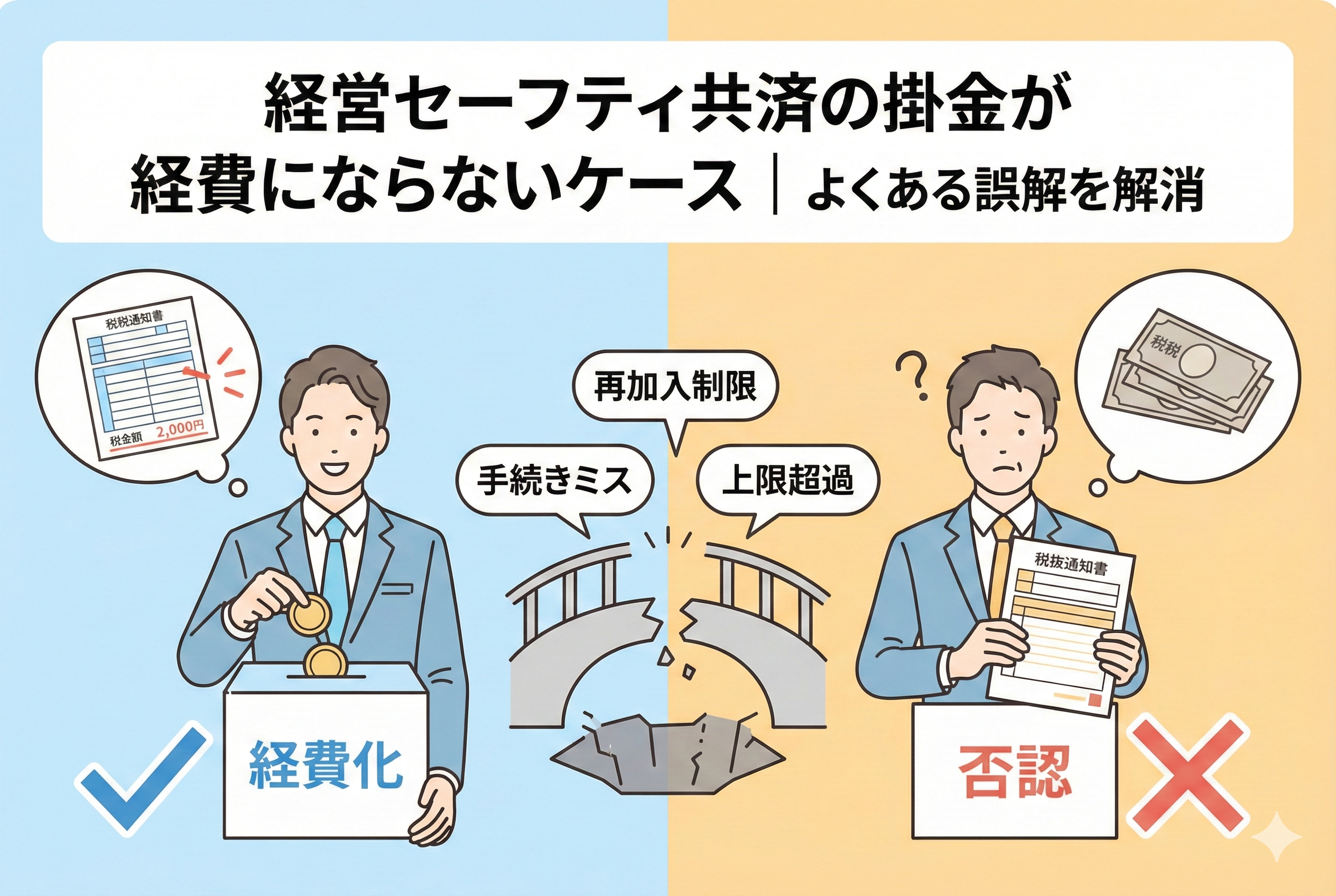 経営セーフティ共済の掛金が経費になる成功例と、ならない失敗例を対比させたイラスト。「経費化」に成功して喜ぶ経営者と、「否認」されて困惑する経営者の間に、「再加入制限」「手続きミス」「上限超過」という落とし穴（壊れた橋）が描かれています。