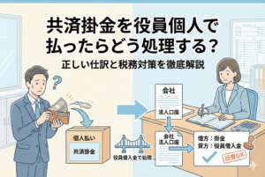 役員が個人の財布から共済掛金を支払って困惑している様子と、それを「役員借入金」という橋渡しを通じて、会計担当者が「借方：掛金、貸方：役員借入金」と正しく仕訳し、経費として承認されるまでのプロセスを描いたイラスト。