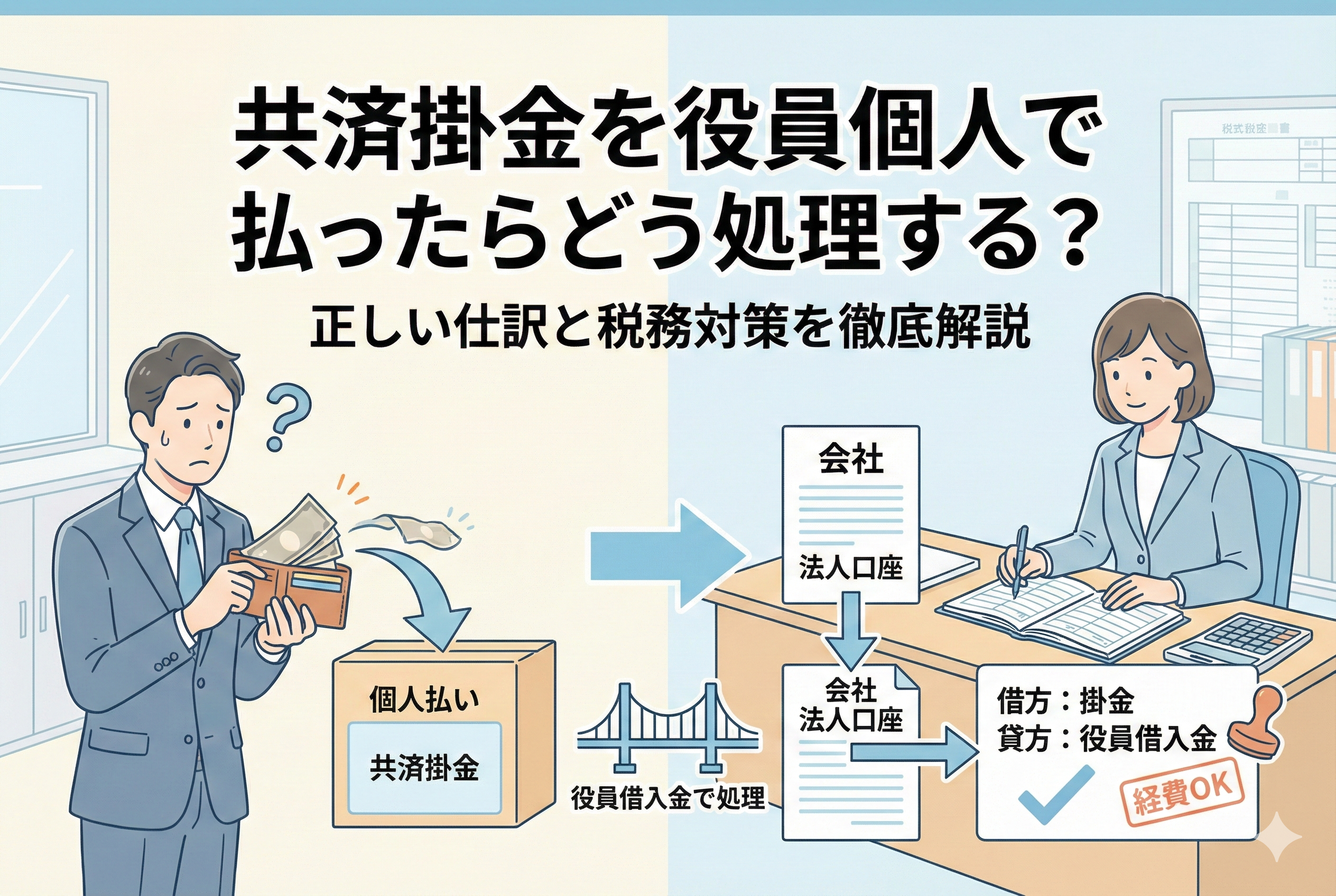 役員が個人の財布から共済掛金を支払って困惑している様子と、それを「役員借入金」という橋渡しを通じて、会計担当者が「借方:掛金、貸方:役員借入金」と正しく仕訳し、経費として承認されるまでのプロセスを描いたイラスト。
