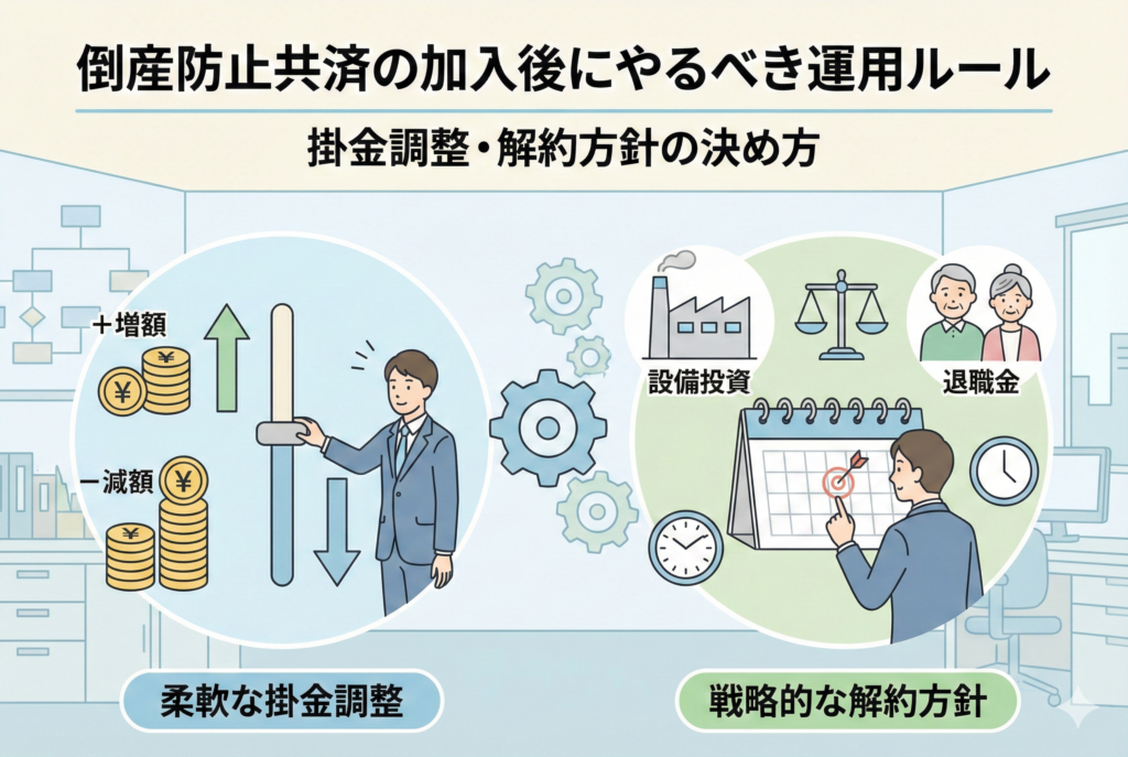 倒産防止共済の加入後の運用をイメージしたイラスト。左側ではビジネスマンが掛金の「増額・減額」をスライダーで柔軟に調整し、右側では「設備投資」や「退職金」のアイコン、カレンダーの目標を指差す姿を通して、戦略的な出口戦略（解約方針）の重要性を表現しています。