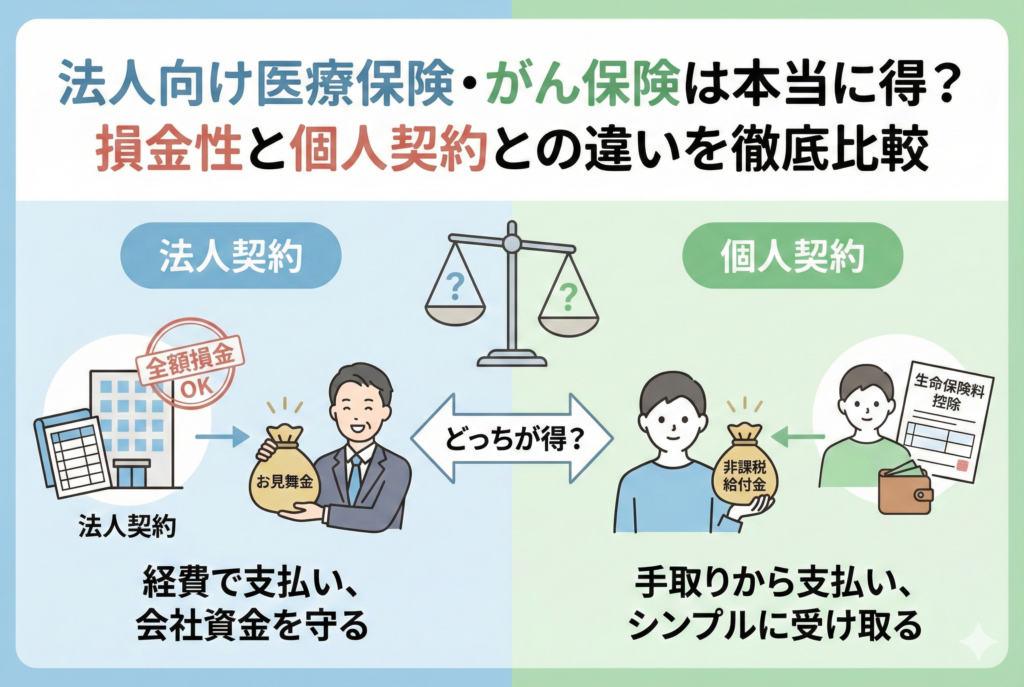 法人向け医療保険・がん保険の契約形態による違いを比較したイラスト。左側には『全額損金』や『お見舞金制度』を活用して会社の資金を守る法人契約、右側には『手取りからの支払い』と『非課税給付金』を特徴とする個人契約を描き、中央の天秤で『どっちが得？』と問いかけているアイキャッチ画像