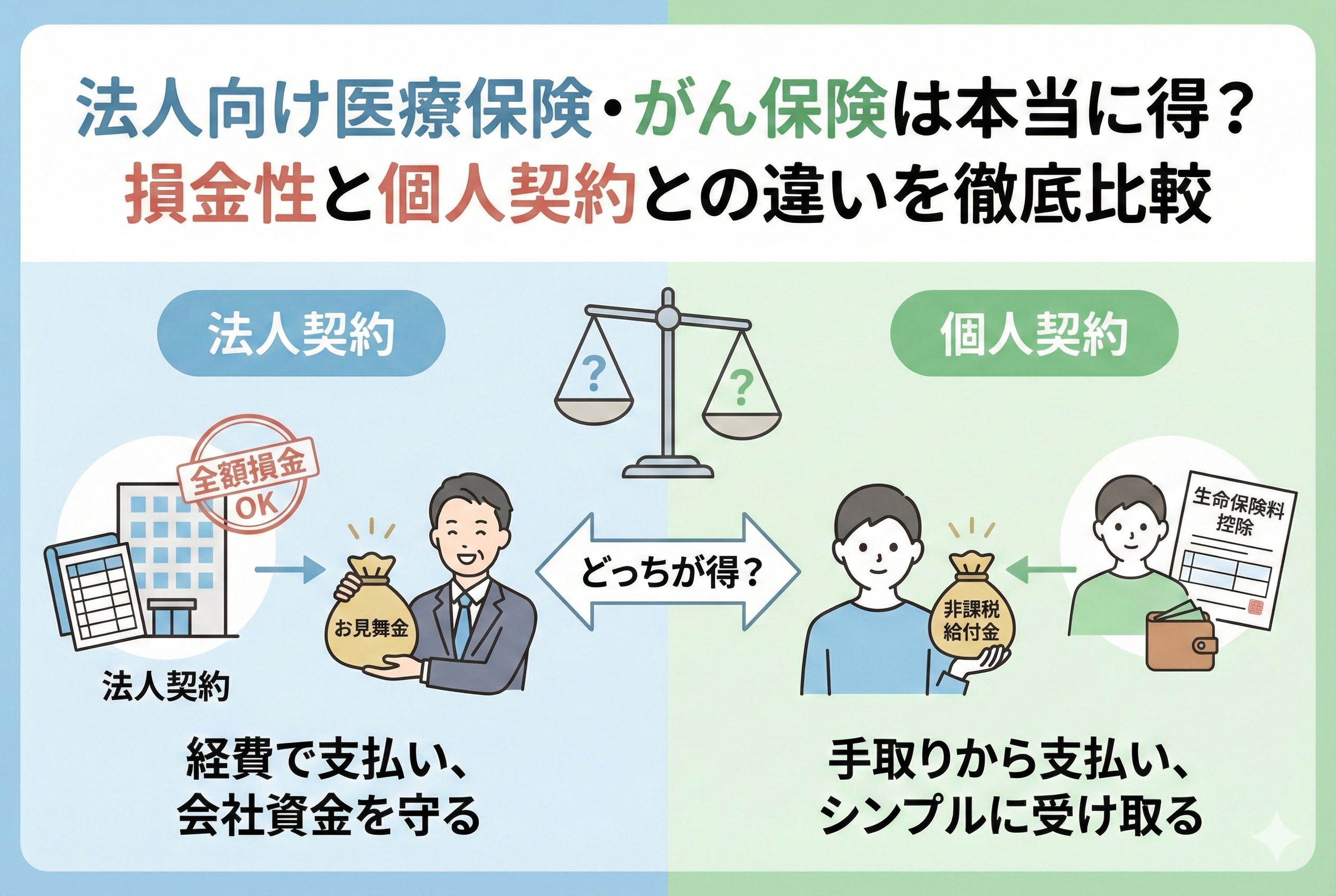 法人向け医療保険・がん保険の契約形態による違いを比較したイラスト。左側には『全額損金』や『お見舞金制度』を活用して会社の資金を守る法人契約、右側には『手取りからの支払い』と『非課税給付金』を特徴とする個人契約を描き、中央の天秤で『どっちが得?』と問いかけているアイキャッチ画像