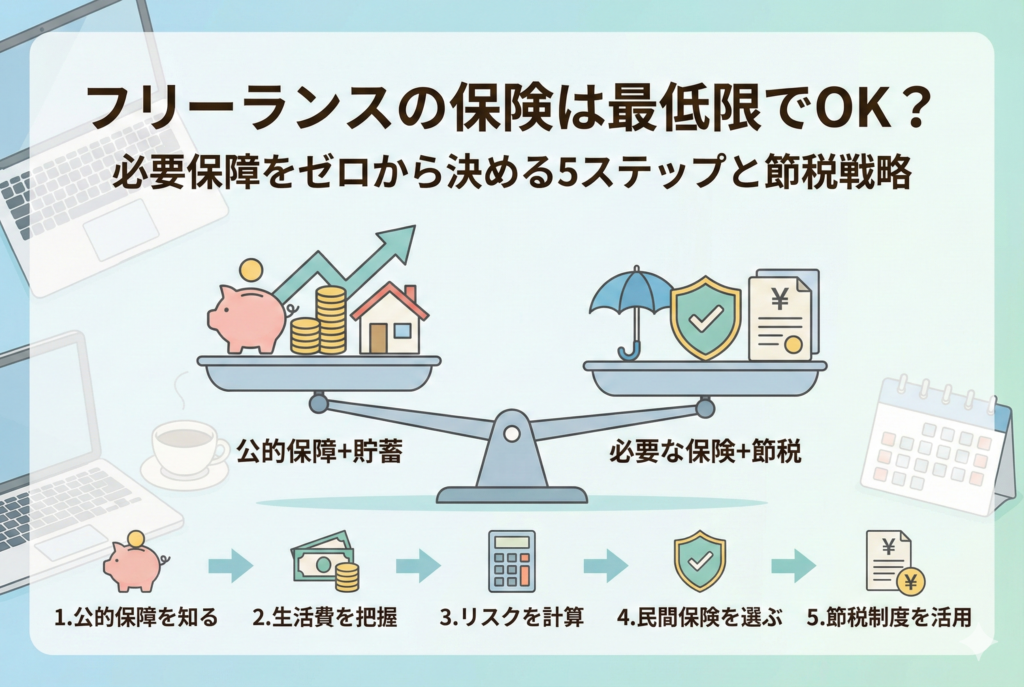 天秤の左側に貯金や公的保障、右側に保険と節税を配置し、バランスを検討する様子を描いたイラスト。下部にはフリーランスが保障を決めるための5つのステップ（公的保障の把握、生活費の確認、リスク計算、民間保険の選択、節税活用）がアイコンと共に分かりやすく並んでいます。