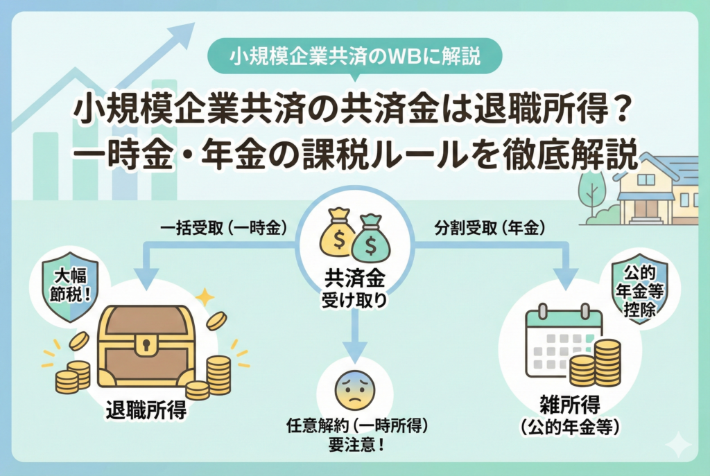 小規模企業共済の共済金受け取り時の課税ルールを解説する図解イラスト。タイトルは「小規模企業共済の共済金は退職所得?一時金・年金の課税ルールを徹底解説」。中央の「共済金受け取り」から3つの矢印が分岐し、左は「一括受取(一時金)」で「退職所得」となり「大幅節税!」、右は「分割受取(年金)」で「雑所得(公的年金等)」となり「公的年金等控除」、下は「任意解約」で「一時所得」となり「要注意!」と示されている。背景には上昇トレンドのグラフと家が描かれている。