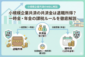 小規模企業共済の共済金受け取り時の課税ルールを解説する図解イラスト。タイトルは「小規模企業共済の共済金は退職所得？一時金・年金の課税ルールを徹底解説」。中央の「共済金受け取り」から3つの矢印が分岐し、左は「一括受取（一時金）」で「退職所得」となり「大幅節税！」、右は「分割受取（年金）」で「雑所得（公的年金等）」となり「公的年金等控除」、下は「任意解約」で「一時所得」となり「要注意！」と示されている。背景には上昇トレンドのグラフと家が描かれている。