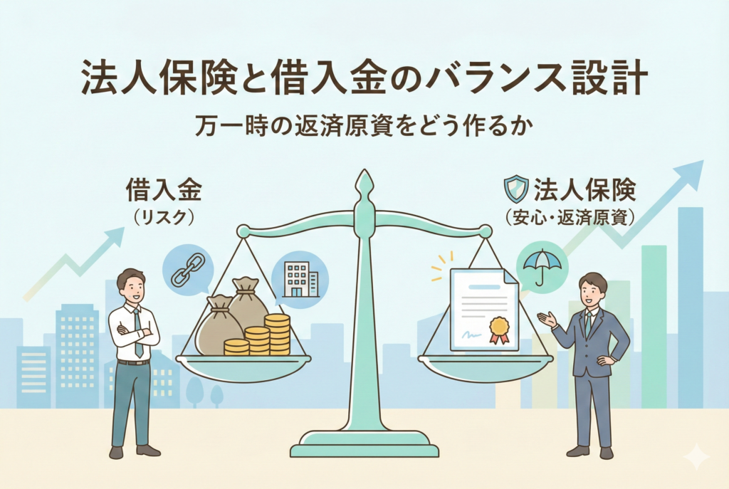 「法人保険と借入金のバランス設計」をテーマにしたイラスト。天秤の左側に「借入金（リスク）」、右側に「法人保険（安心・返済原資）」が乗っており、経営者が専門家のアドバイスを受けながら、負債に対する適切な保障バランスを検討している様子を描いています。背景には成長を象徴する右肩上がりのグラフと都市のシルエットが配置されています。