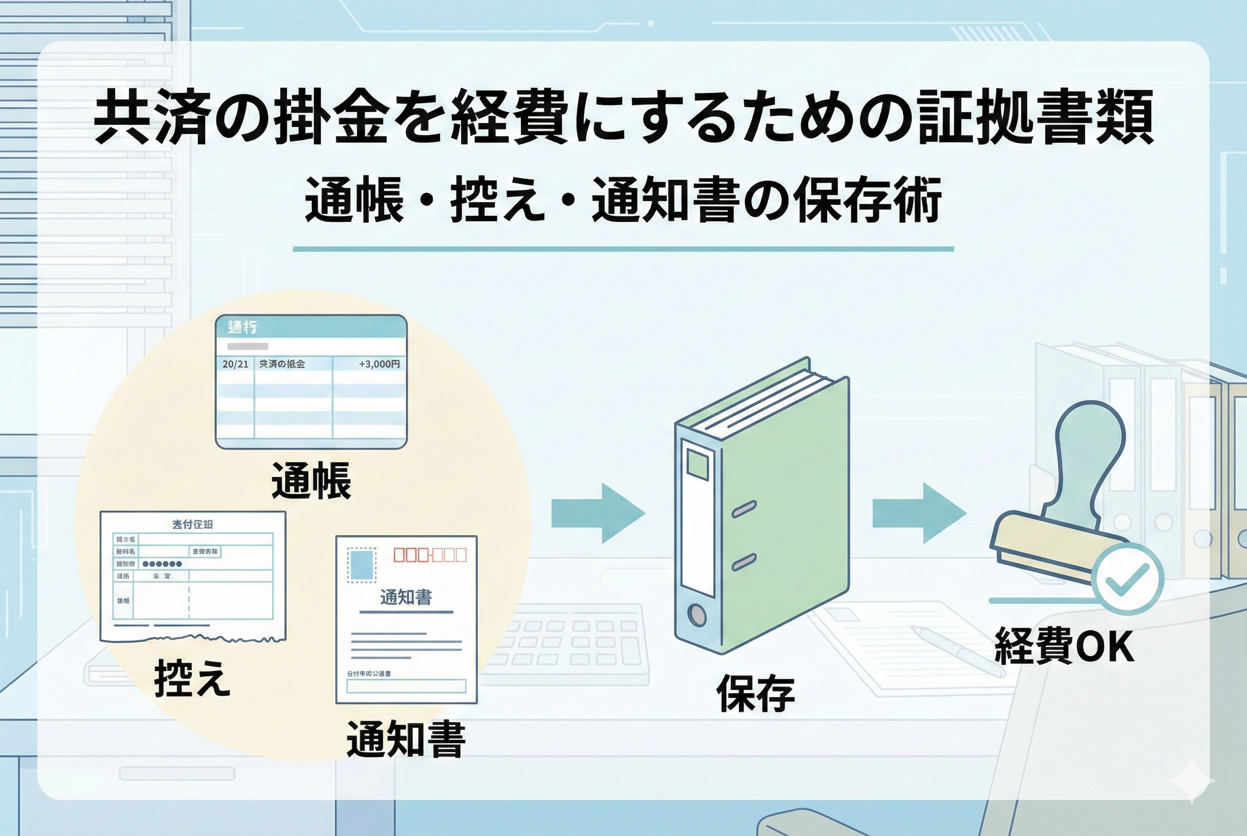 経営セーフティ共済の掛金を経費として証明するための3つの証拠書類(通帳、申込書の控え、中小機構からの通知書)をファイリングして適切に保存し、最終的に「経費OK」のスタンプが押されるまでの流れを整理したイラスト。