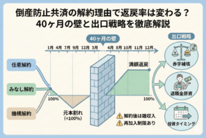 倒産防止共済（経営セーフティ共済）の解約理由と返戻率の関係を示した図解。納付期間「40ヶ月の壁」を境に、それ未満では「元本割れ」、それ以上で「満額返戻（100%）」となる仕組みをグラフで表現。任意解約・みなし解約・機構解約のいずれも40ヶ月が基準となることや、満額返戻後の出口戦略（赤字補填、退職金原資、投資タイミング）、さらに「解約後は雑収入」「再加入制限あり」といった注意点も網羅したアイキャッチ画像。