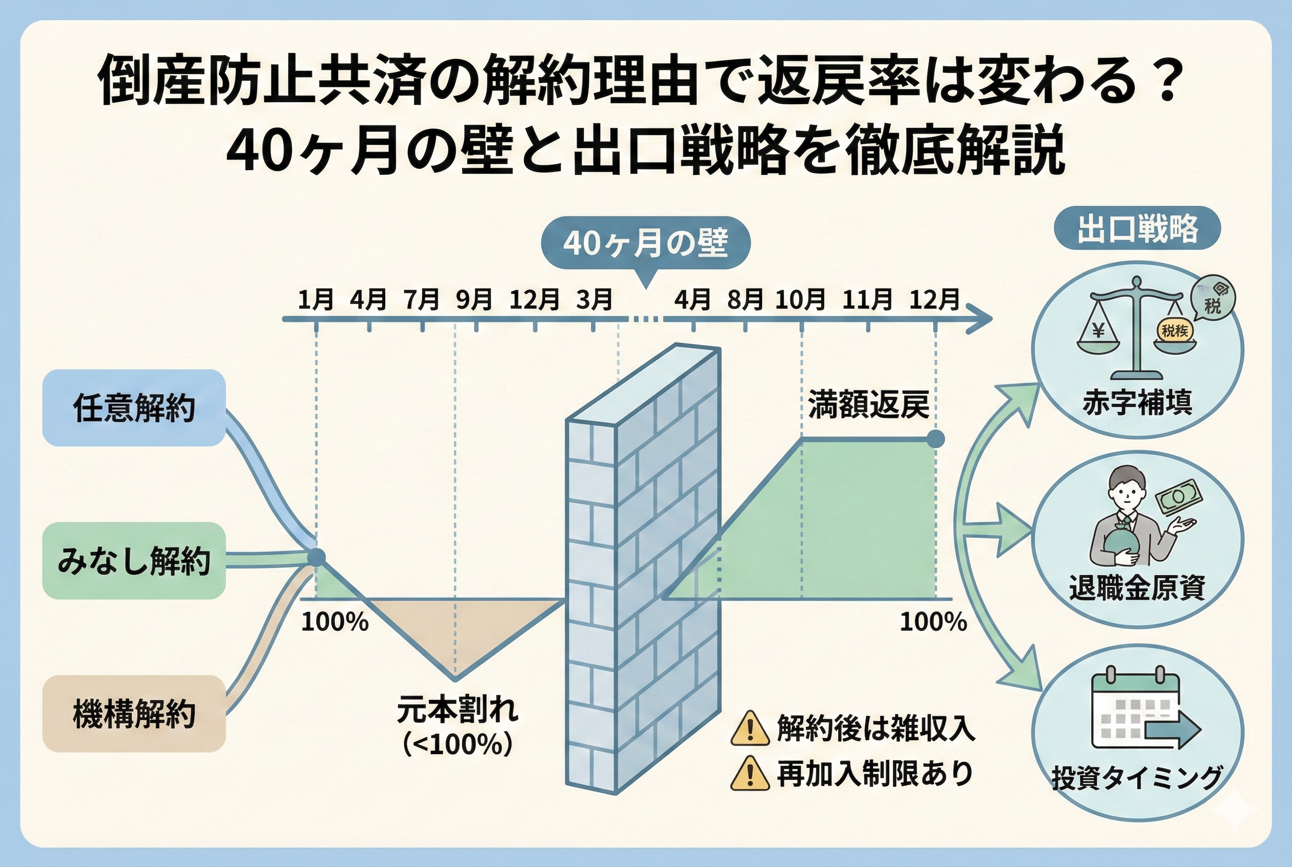 倒産防止共済（経営セーフティ共済）の解約理由と返戻率の関係を示した図解。納付期間「40ヶ月の壁」を境に、それ未満では「元本割れ」、それ以上で「満額返戻（100%）」となる仕組みをグラフで表現。任意解約・みなし解約・機構解約のいずれも40ヶ月が基準となることや、満額返戻後の出口戦略（赤字補填、退職金原資、投資タイミング）、さらに「解約後は雑収入」「再加入制限あり」といった注意点も網羅したアイキャッチ画像。