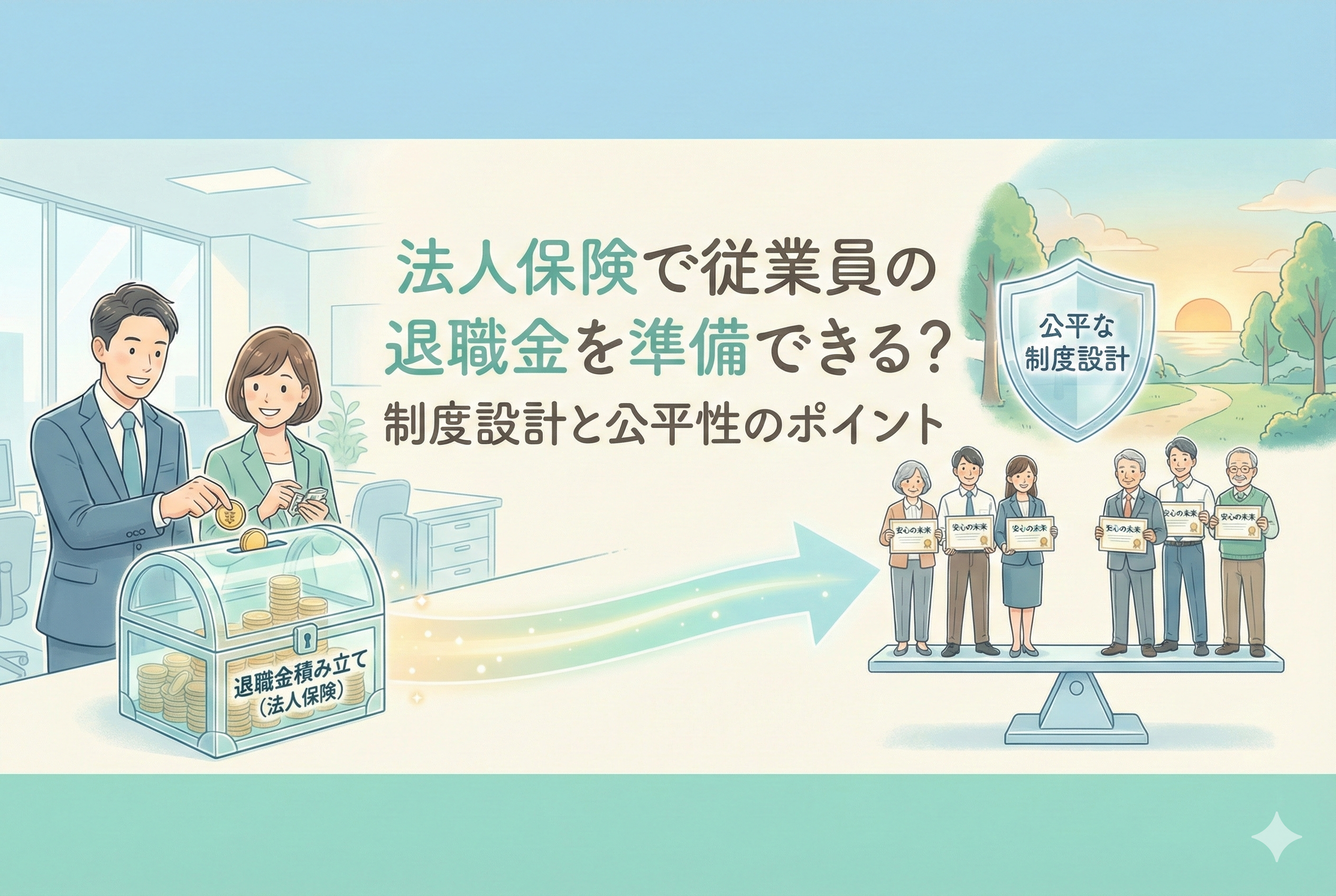 経営者（男女）が「退職金積み立て（法人保険）」と書かれた透明な宝箱にコインを入れているイラスト。その資金が光の矢印となって右側へ進み、「公平な制度設計」と書かれた盾の下でバランスの取れた天秤に乗った、幅広い年代の従業員たちが「安心の未来」の証書を手に笑顔で立っている。背景はオフィスから穏やかな夕暮れの風景へと変化し、将来の安心感を表現している。記事タイトル「法人保険で従業員の退職金を準備できる？制度設計と公平性のポイント」の文字入り。