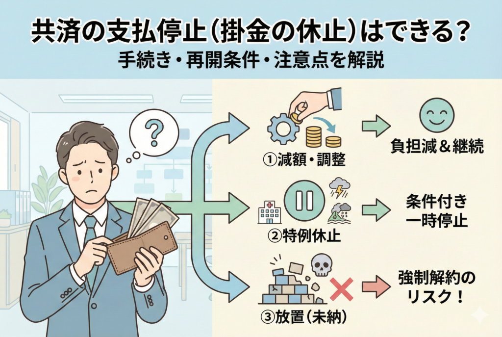 経営セーフティ共済の掛金支払いに悩む経営者のイラストと、その後の3つの選択肢（①減額・調整で継続、②条件付きの特例休止、③放置による強制解約のリスク）を示したフローチャート。安易な未納が最も危険であることを視각的に警告しています。