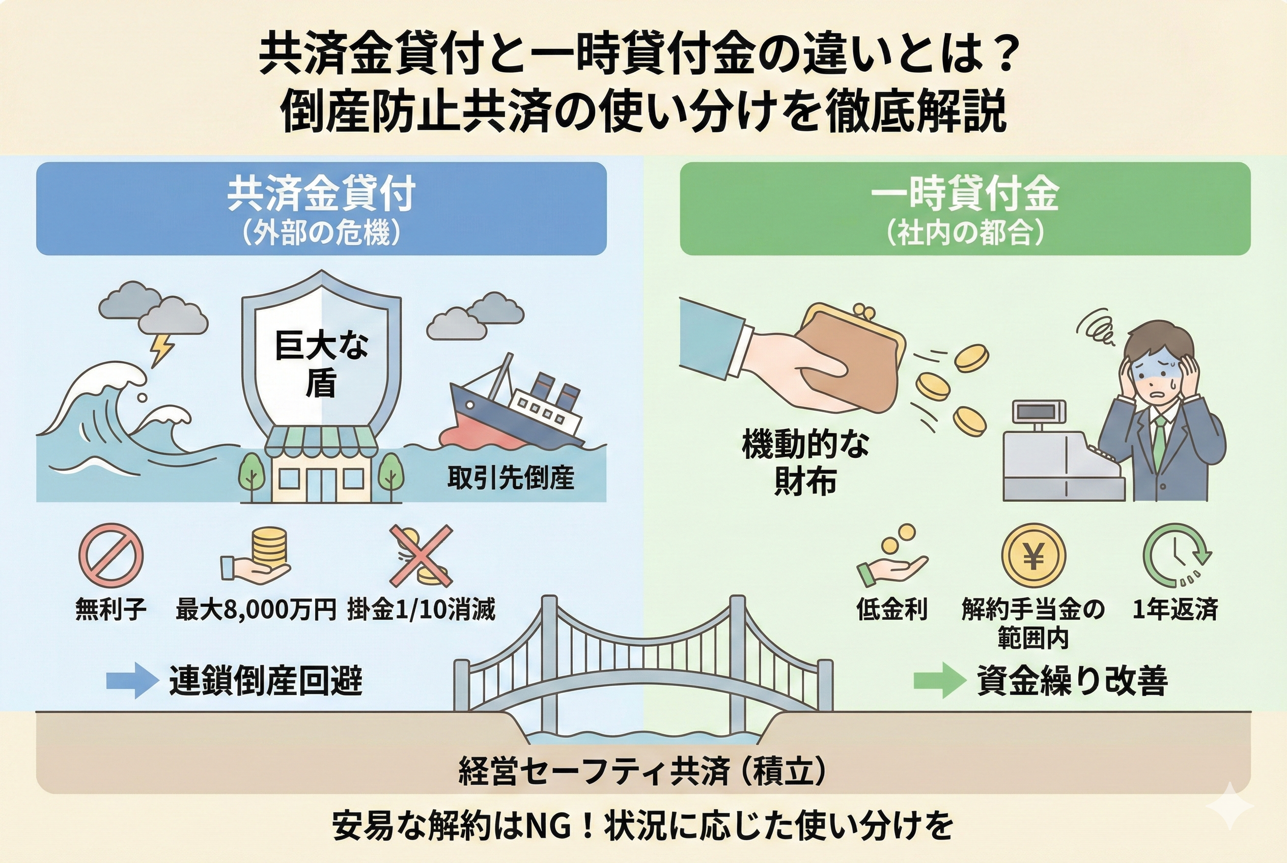 経営セーフティ共済（倒産防止共済）の「共済金貸付」と「一時貸付金」の違いを比較したインフォグラフィック。取引先倒産時のための「共済金貸付」を「巨大な盾」、自社の資金繰り対策の「一時貸付金」を「機動的な財布」として図解。それぞれの金利、限度額、返済ルール、活用の目的が一目でわかるアイキャッチ画像。