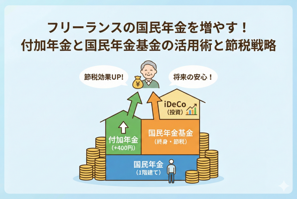 フリーランスの国民年金を増やすための「年金の3階建て」構造を図解したイラスト。1階の「国民年金」の上に、2階として「付加年金（+400円）」と「国民年金基金（終身・節税）」、3階として「iDeCo（投資）」が積み上がり、将来の受取額と節税効果が増えていく様子を笑顔のキャラクターと積み上がったコインで表現しています。