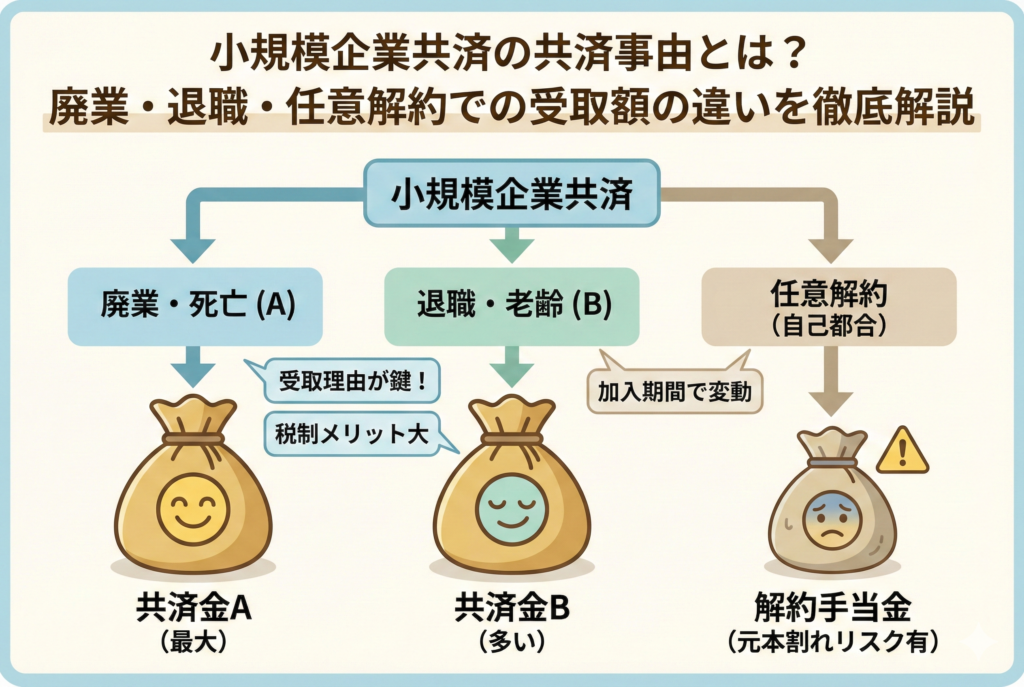 小規模企業共済の共済事由による受取額の違いを解説した比較図解。共済金A（廃業）、共済金B（退職）、解約手当金（任意解約）の3パターンと、それぞれの金額の多寡や元本割れリスクをイラストで表現したアイキャッチ画像。