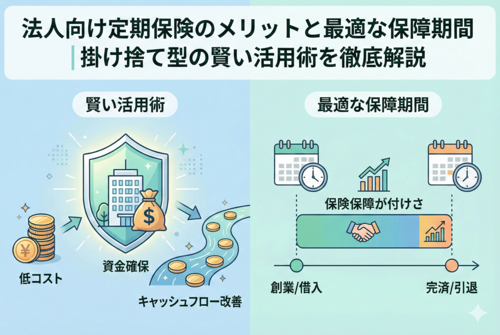 法人向け定期保険のメリットと保障期間の設計を視覚化したイラスト。左側に『低コスト』『資金確保』『キャッシュフロー改善』というメリットを、右側に『創業・借入』から『完済・引退』までの事業サイクルに合わせたタイムラインを配置したアイキャッチ画像