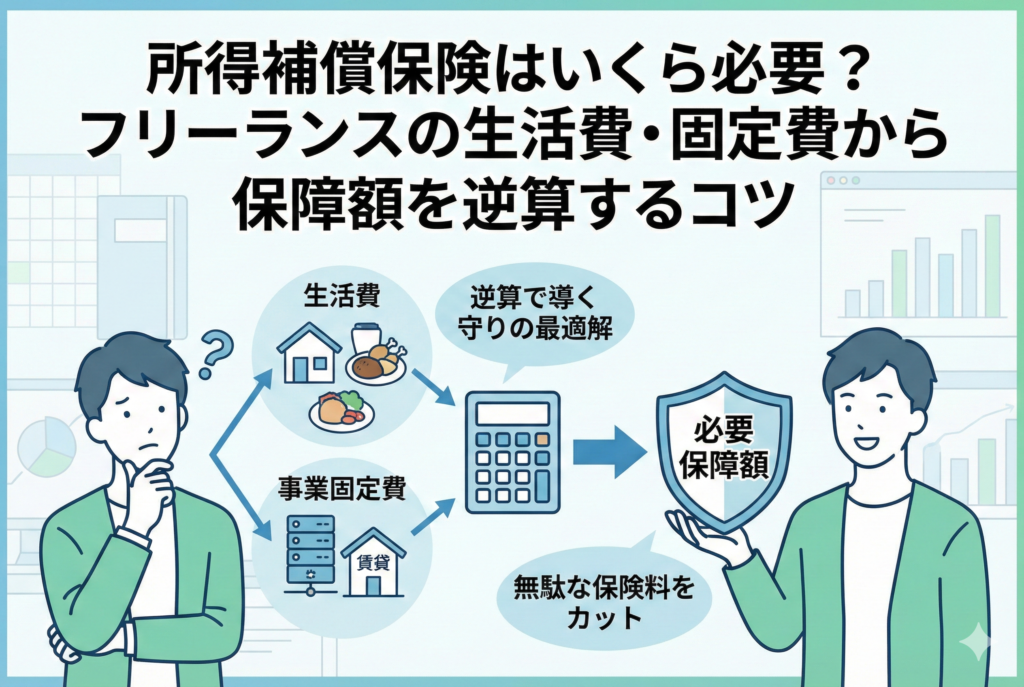 所得補償保険の必要額を、生活費と事業の固定費から電卓を使って逆算し、盾のような「必要保障額」を手にするフリーランスの図解イラスト。無駄な保険料をカットして守りの最適解を導き出すプロセスを表現しています。
