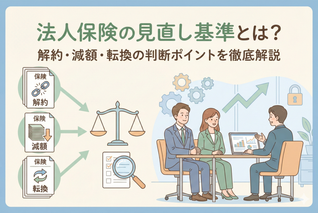 法人保険の見直し基準を解説するアイキャッチ画像。「法人保険の見直し基準とは？解約・減額・転換の判断ポイントを徹底解説」というタイトルと共に、経営者と専門家が相談し、天秤を使って解約・減額・転換の選択肢を比較検討しているイラストが描かれています。