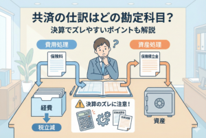 経営セーフティ共済の仕訳について、「費用処理（保険料）」と「資産処理（保険積立金）」の2つのルートを天秤にかけて検討する経営者のイラスト。決算時のズレを防ぐためのポイントとして「前納減額金」や「別表調整」の重要性も視覚的に表現されています。