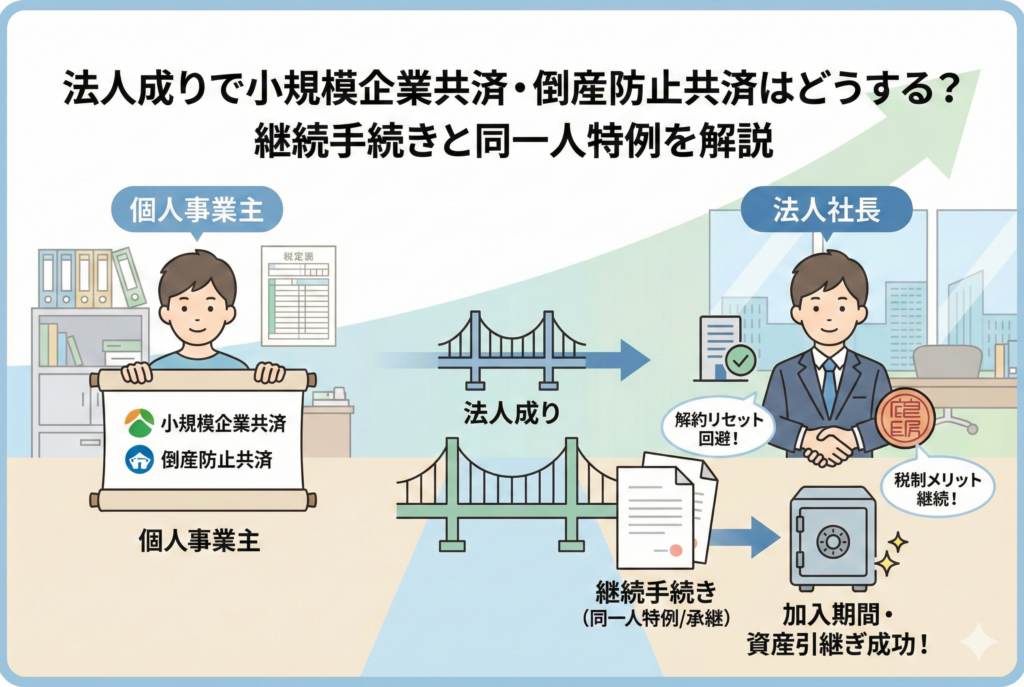 個人事業主から法人社長への「法人成り」における共済制度の引き継ぎを図解したアイキャッチ画像。小規模企業共済と倒産防止共済の「継続手続き（同一人特例・承継）」を行うことで、加入期間や税制メリット、積み立てた資産をリセットせずに新会社へ引き継ぐ様子を表現したイラスト。