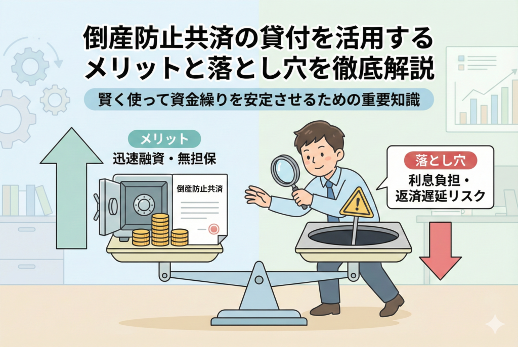 倒産防止共済（経営セーフティ共済）の契約者貸付制度について、メリット（迅速融資・無担保）と落とし穴（利息負担・返済遅延リスク）を天秤にかけて慎重に比較検討しているビジネスマンのイラスト。
