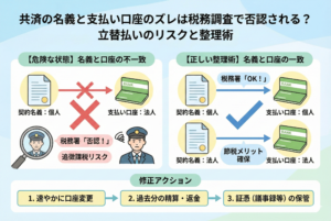 共済契約の名義と支払い口座の不一致による税務リスクを比較した図解。左側に税務署から否認される危険なケース（例：個人名義なのに法人口座から支払い）、右側に節税メリットが確保される正しいケース（名義と口座が一致）を提示。下部には、速やかな口座変更、過去分の精算・返金、議事録などの証憑保管という3つの修正アクションをまとめたアイキャッチ画像。