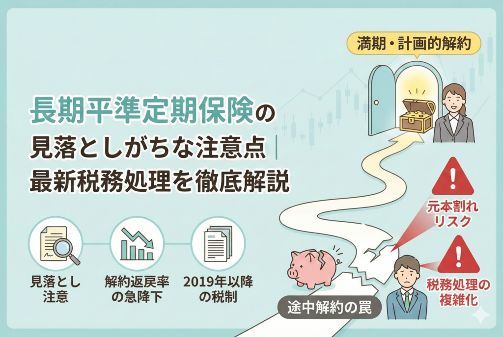 長期平準定期保険の出口戦略とリスクを可視化したイラスト。満期・計画的な解約へ続く道と、途中の『解約の罠』による元本割れや複雑な税務処理という落とし穴を対比して描いたアイキャッチ画像