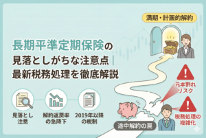 長期平準定期保険の出口戦略とリスクを可視化したイラスト。満期・計画的な解約へ続く道と、途中の『解約の罠』による元本割れや複雑な税務処理という落とし穴を対比して描いたアイキャッチ画像