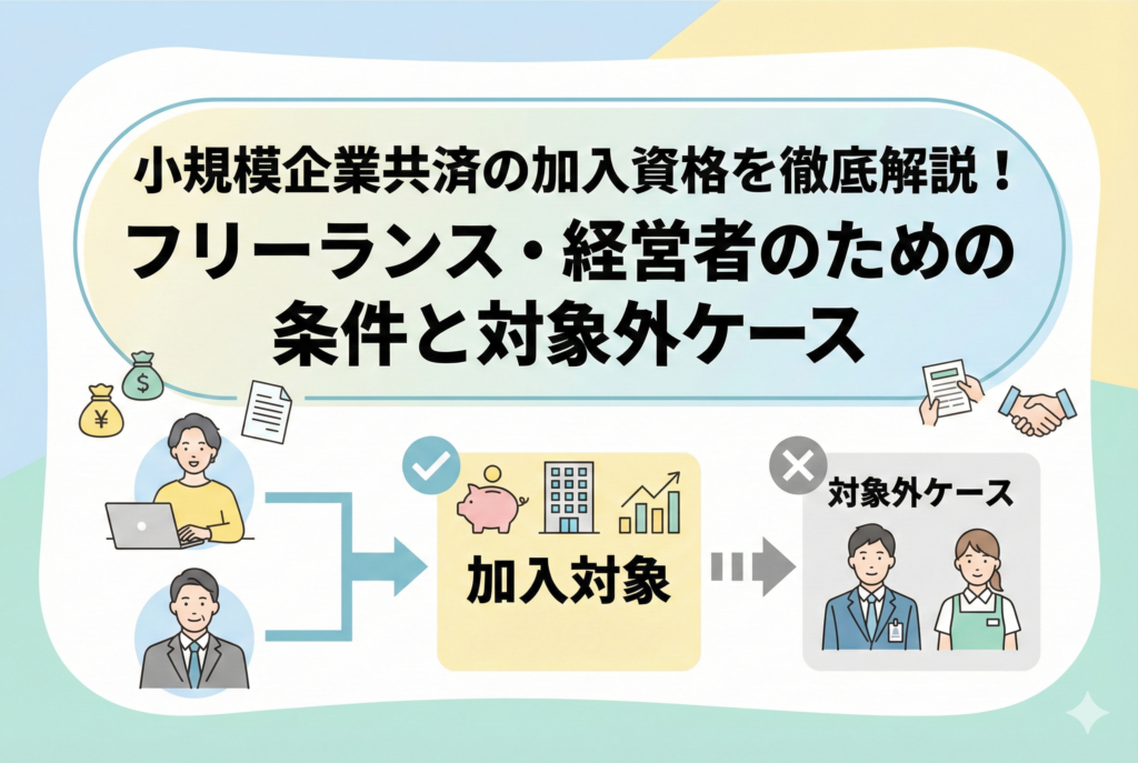 小規模企業共済の加入資格を図解したイラスト。フリーランスや会社経営者が「加入対象」として、会社員やパートが「対象外ケース」として分類され、それぞれの条件が分かりやすく示されている。