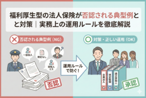 福利厚生型の法人保険が税務調査で否認される典型例（一部加入、規定なし、受取人ミス）と、それを運用ルールで防ぐ正しい対策（全員加入、規定整備、適正受取人）を対比させたイラスト。左側の否認リスクと右側の承認される状態を矢印でつなぎ、ルール遵守の重要性を視覚化したアイキャッチ画像