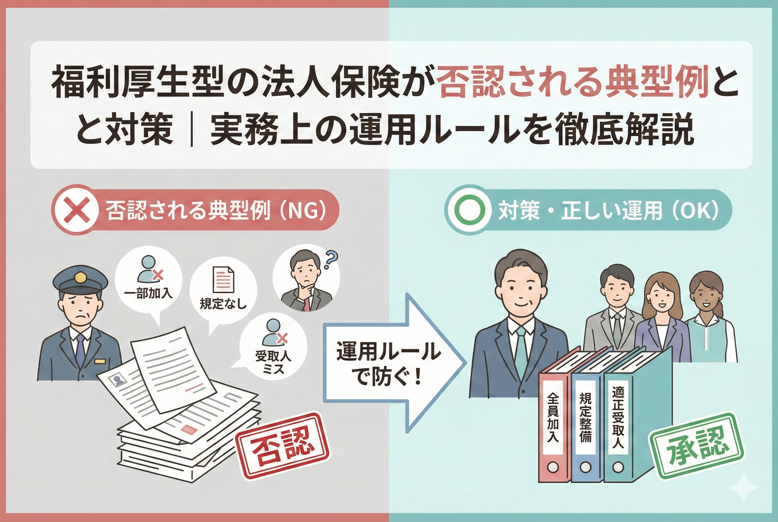 福利厚生型の法人保険が税務調査で否認される典型例(一部加入、規定なし、受取人ミス)と、それを運用ルールで防ぐ正しい対策(全員加入、規定整備、適正受取人)を対比させたイラスト。左側の否認リスクと右側の承認される状態を矢印でつなぎ、ルール遵守の重要性を視覚化したアイキャッチ画像