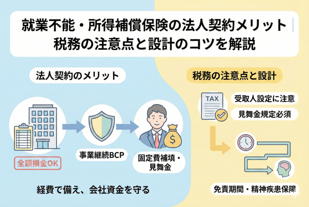就業不能・所得補償保険の法人契約メリットをまとめたイラスト。全額損金算入による節税、事業継続BCP、固定費補填の流れと、受取人設定・見舞金規定・精神疾患保障などの税務・設計上の注意点を視覚化したアイキャッチ画像