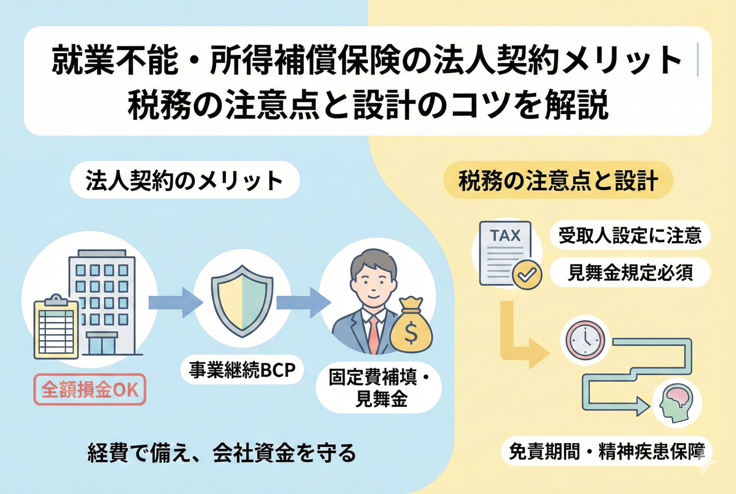 就業不能・所得補償保険の法人契約メリットをまとめたイラスト。全額損金算入による節税、事業継続BCP、固定費補填の流れと、受取人設定・見舞金規定・精神疾患保障などの税務・設計上の注意点を視覚化したアイキャッチ画像