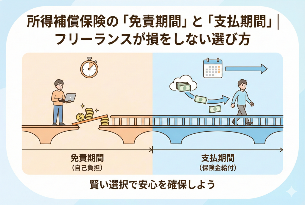 所得補償保険の「免責期間」と「支払期間」の関係を、時間軸に沿った橋のイラストで図解。免責期間（自己負担）は貯金などの自己資金で穴を埋め、その後の支払期間（保険金給付）は保険がしっかりと生活を支えて歩き続けられるイメージを分かりやすく表現しています。