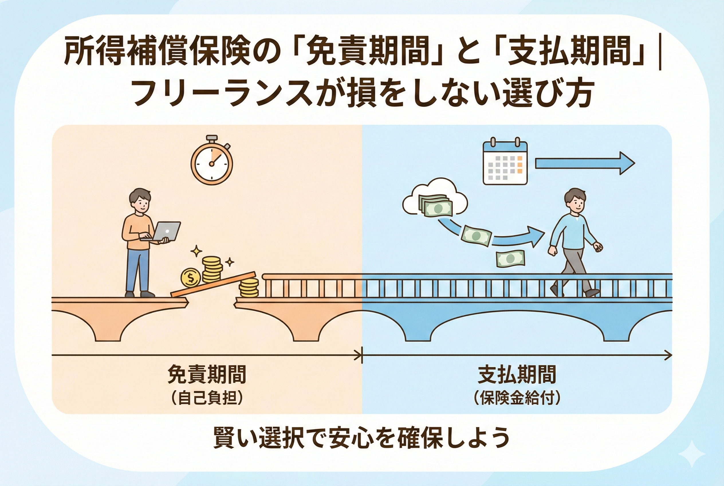 所得補償保険の「免責期間」と「支払期間」の関係を、時間軸に沿った橋のイラストで図解。免責期間（自己負担）は貯金などの自己資金で穴を埋め、その後の支払期間（保険金給付）は保険がしっかりと生活を支えて歩き続けられるイメージを分かりやすく表現しています。