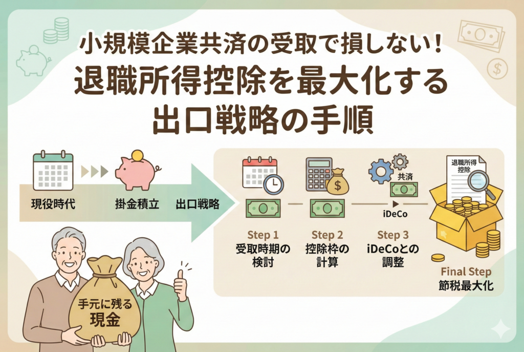小規模企業共済の退職所得控除を最大化する出口戦略の図解。現役時代の掛金積立から始まり、「受取時期の検討」「控除枠の計算」「iDeCoとの調整」という3つのステップを経て、最終的に節税を最大化し、笑顔の老夫婦が「手元に残る現金」の袋を手にしている様子がフローチャート形式で描かれている。