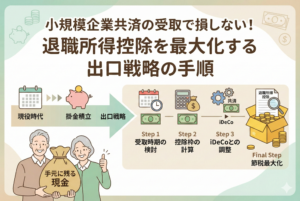 小規模企業共済の退職所得控除を最大化する出口戦略の図解。現役時代の掛金積立から始まり、「受取時期の検討」「控除枠の計算」「iDeCoとの調整」という3つのステップを経て、最終的に節税を最大化し、笑顔の老夫婦が「手元に残る現金」の袋を手にしている様子がフローチャート形式で描かれている。