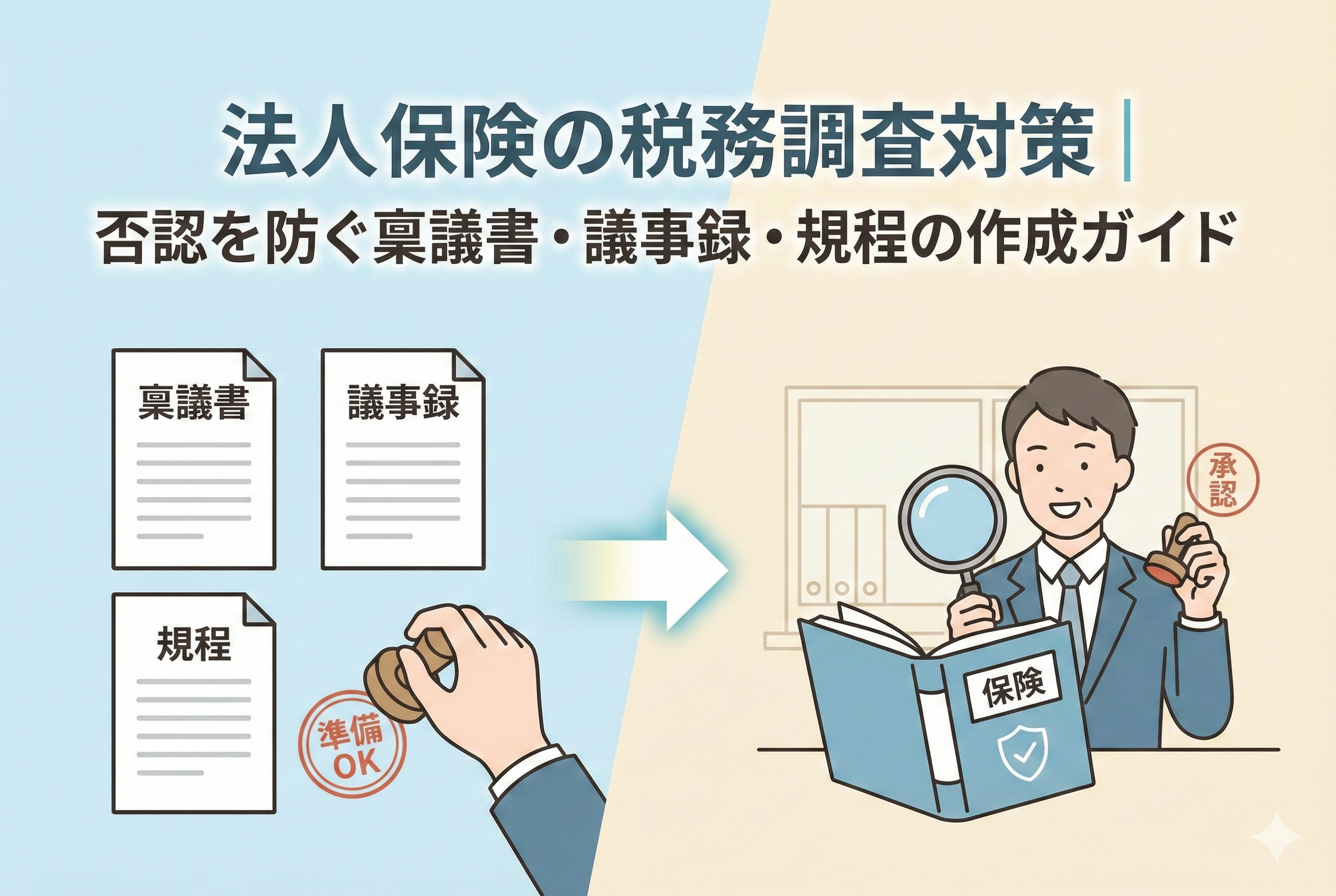 法人保険の税務調査対策を解説するイラスト。左側に『稟議書』『議事録』『規程』の3つの書類が並び、その上に『準備OK』のスタンプが押されている。中央の矢印の先、右側では、虫眼鏡で『保険』の資料を確認したスーツ姿の税務調査官が、笑顔で『承認』のスタンプを押している様子が描かれている。