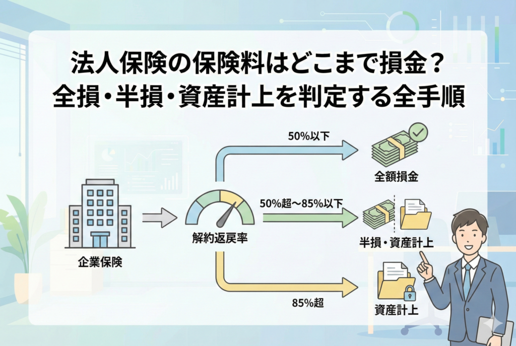 法人保険の保険料が損金になるか資産計上になるかを、最高解約返戻率に基づいて判定する手順を示した図解。タイトル「法人保険の保険料はどこまで損金?全損・半損・資産計上を判定する全手順」の下に、企業保険から解約返戻率(50%以下、50%超〜85%以下、85%超)の分岐を経て、全額損金、半損・資産計上、資産計上それぞれの処理結果に至るフローチャートが描かれている。