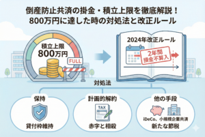倒産防止共済の積立上限800万円に達した状態（FULL）と、2024年の税制改正による「再加入後2年間は損金不算入」ルールを図解したアイキャッチ画像。対処法として「保持（貸付枠維持）」「計画的解約（赤字と相殺）」「他の手段（iDeCo・小規模企業共済への移行）」の3つの選択肢をイラストで解説しています。