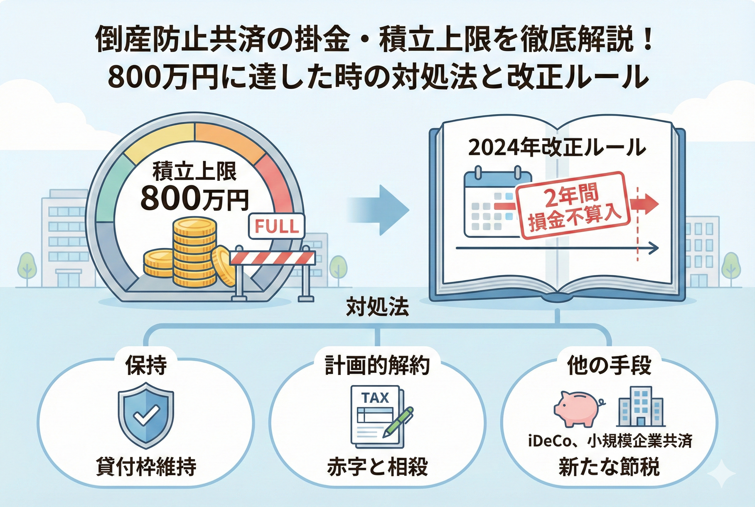 倒産防止共済の積立上限800万円に達した状態（FULL）と、2024年の税制改正による「再加入後2年間は損金不算入」ルールを図解したアイキャッチ画像。対処法として「保持（貸付枠維持）」「計画的解約（赤字と相殺）」「他の手段（iDeCo・小規模企業共済への移行）」の3つの選択肢をイラストで解説しています。