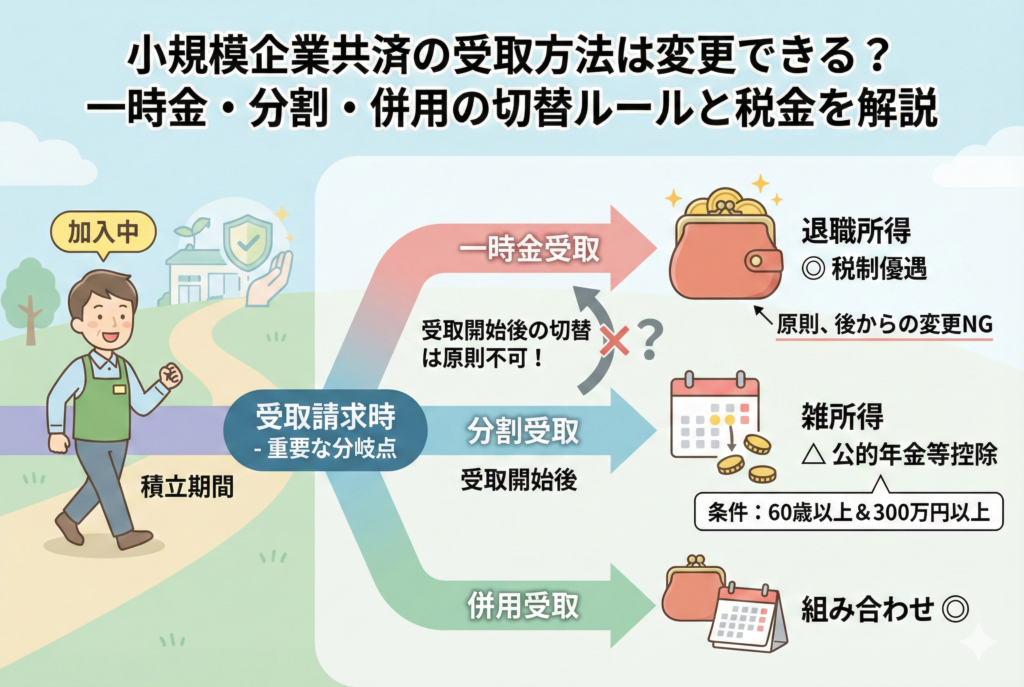 小規模企業共済の受取方法（一時金・分割・併用）の選択フローと税金の違いを解説した図解画像。受取請求時が重要な分岐点であることや、一時金なら「退職所得」、分割なら「雑所得」になる税務上の扱い、さらに受取開始後の変更が原則不可であるといった注意点が描かれています。