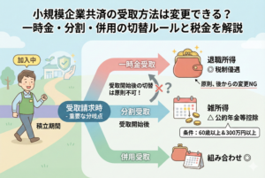 小規模企業共済の受取方法（一時金・分割・併用）の選択フローと税金の違いを解説した図解画像。受取請求時が重要な分岐点であることや、一時金なら「退職所得」、分割なら「雑所得」になる税務上の扱い、さらに受取開始後の変更が原則不可であるといった注意点が描かれています。