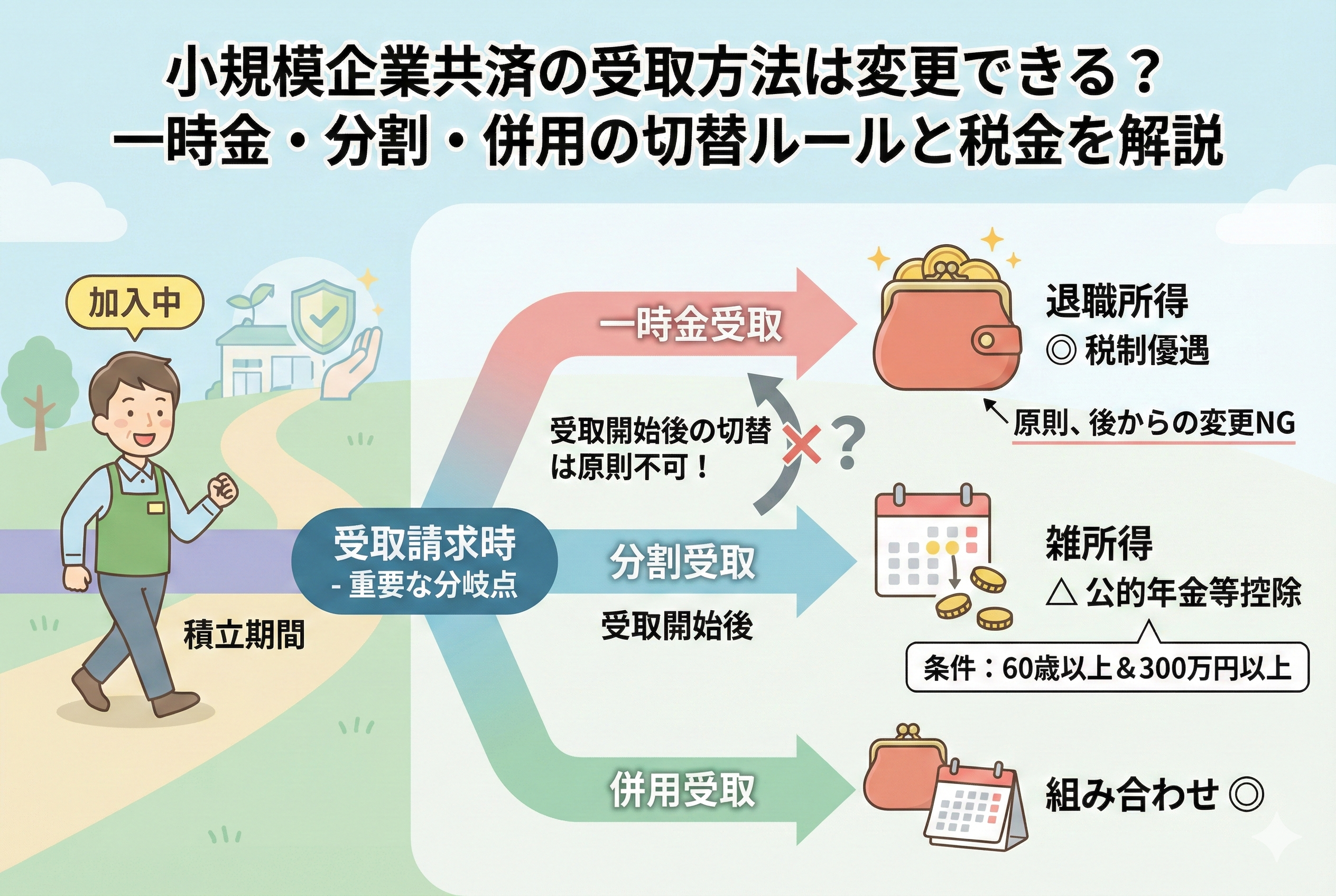 小規模企業共済の受取方法（一時金・分割・併用）の選択フローと税金の違いを解説した図解画像。受取請求時が重要な分岐点であることや、一時金なら「退職所得」、分割なら「雑所得」になる税務上の扱い、さらに受取開始後の変更が原則不可であるといった注意点が描かれています。