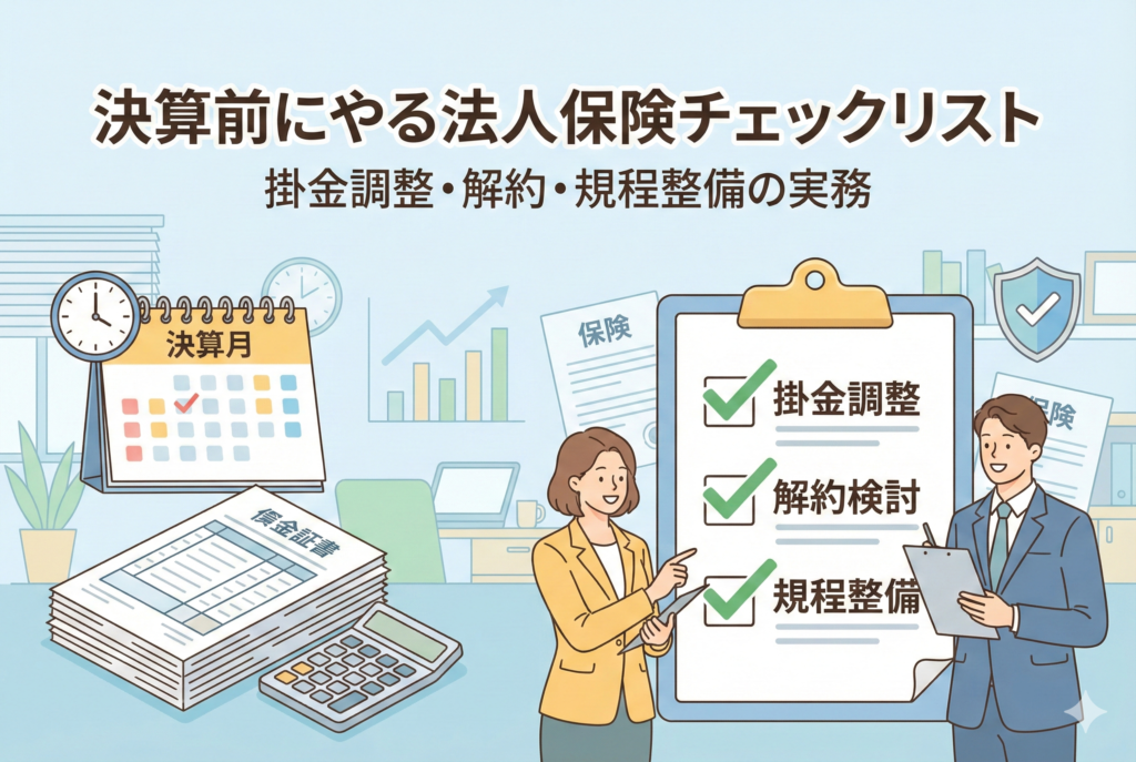 「決算前にやる法人保険チェックリスト 掛金調整・解約・規程整備の実務」というタイトルのアイキャッチイラスト。オフィスで男女のビジネスパーソンが、大きなチェックボードにある「掛金調整」「解約検討」「規程整備」の項目にチェックを入れている様子。横には「決算月」と書かれたカレンダー、電卓、書類の山が置かれ、決算期の多忙さと対策の必要性を表現している。