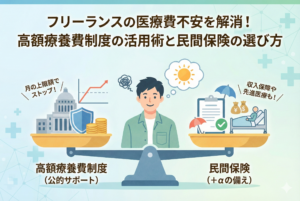 天秤の中央にフリーランスの男性が笑顔で立ち、左側の皿には「高額療養費制度（公的サポート）」を示す国の建物や盾が、右側の皿には「民間保険（＋αの備え）」を示す保険証券や入院ベッドが乗っているイラスト。公的制度で医療費の上限が抑えられる安心感と、民間保険で収入保障や先進医療に備える選択肢をバランスよく表現しています。