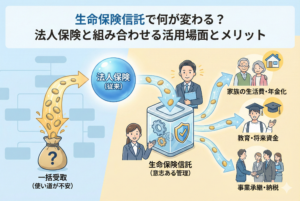 「生命保険信託で何が変わる？法人保険と組み合わせる活用場面とメリット」というタイトルのアイキャッチ画像。左側では従来の法人保険金が一括で支払われ「使い道が不安」な様子を、右側では生命保険信託を通じて「意志ある管理」が行われ、「家族の生活費・年金化」「教育・将来資金」「事業承継・納税」へと計画的に分配されるメリットを比較したイラスト。