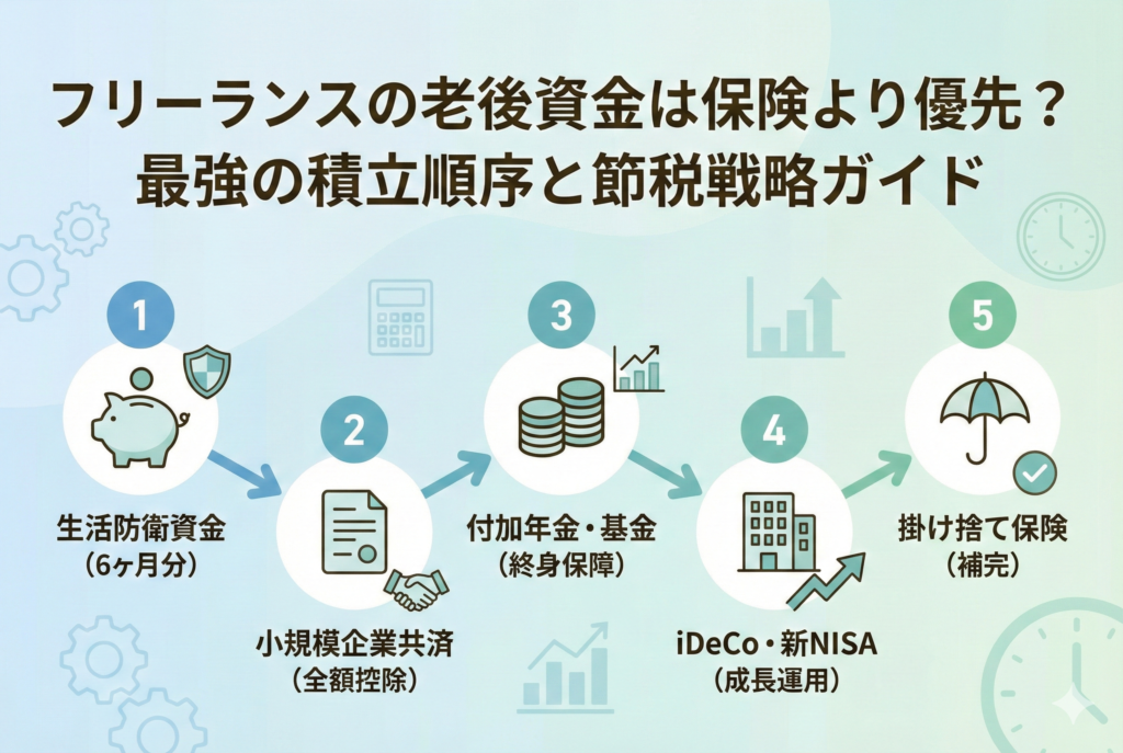フリーランスが老後資金を準備するための5段階の積立順序を図解したアイキャッチ画像。「生活防衛資金の確保（6ヶ月分）」から始まり、「小規模企業共済（全額控除）」「付加年金・基金（終身保障）」「iDeCo・新NISA（成長運用）」を経て、最後に「掛け捨て保険（補完）」に至るまでのフローを矢印とアイコンで分かりやすく示しています。